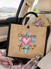 亞麻托特包套組，印有「GOD IS GOOD」2D印花大號購物托特包與配套拉鍊化妝包，靈感聖經經文花卉圖案，寬敞大容量托特包適合裝書本、雜貨和日常用品；拉鍊包可收納化妝品、筆、鑰匙和小個人物品，非常適合教會活動、日常購物、學校通勤和週末旅行，生日與喬遷禮物送給女性，返校季、教師節禮物 - 彩色 - 查看 2