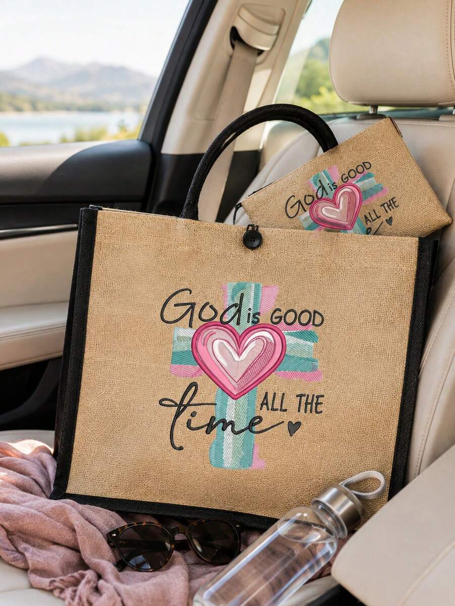 亞麻托特包套組，印有「GOD IS GOOD」2D印花大號購物托特包與配套拉鍊化妝包，靈感聖經經文花卉圖案，寬敞大容量托特包適合裝書本、雜貨和日常用品；拉鍊包可收納化妝品、筆、鑰匙和小個人物品，非常適合教會活動、日常購物、學校通勤和週末旅行，生日與喬遷禮物送給女性，返校季、教師節禮物