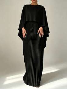 New stylish loose batwing sleeve pleated irregular elegant long dress - Negro - Ver 1