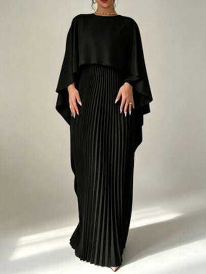 New stylish loose batwing sleeve pleated irregular elegant long dress