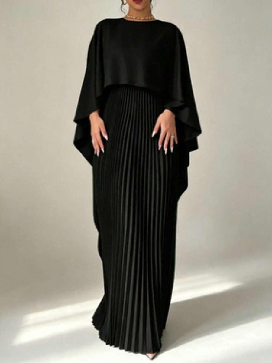 New stylish loose batwing sleeve pleated irregular elegant long dress - Negro - Ver 1