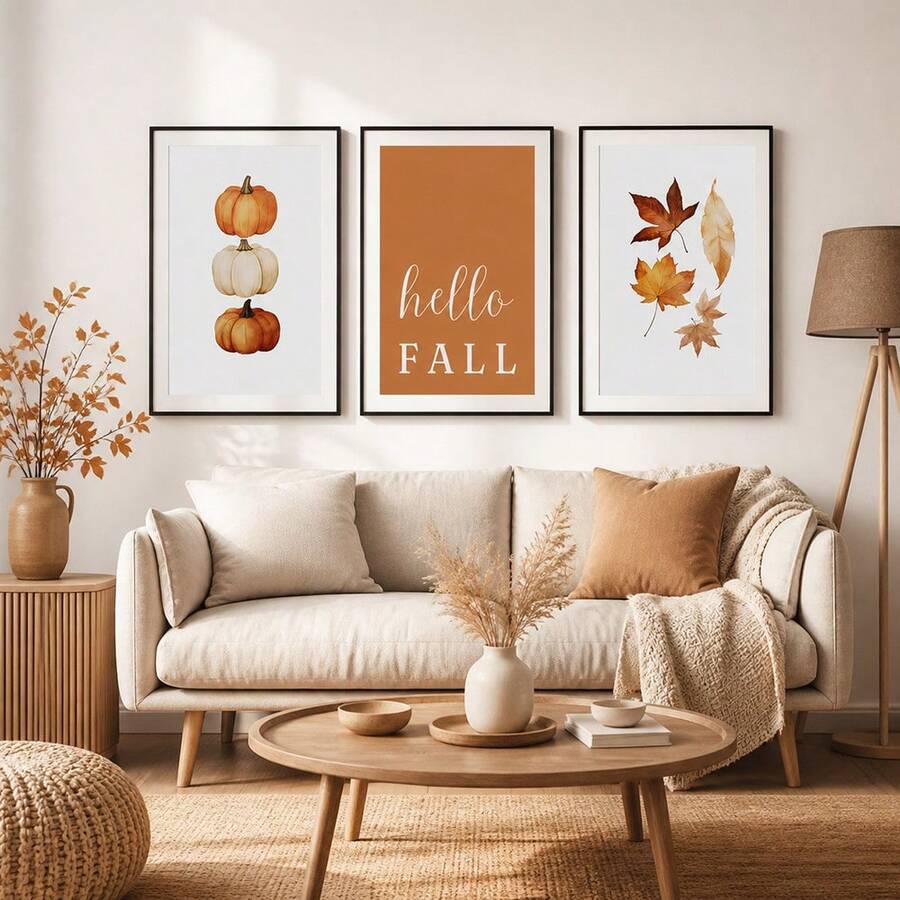 1/3pcs Fall Wall Art Decor Watercolor Pumpkin Maple Leaves Canvas Prints Hello Autumn Sign Vintage Cottagecore Unframed Poster Set For Living Room Dining Room Bedroom Aesthetic Office - Pattern 2 - View 1