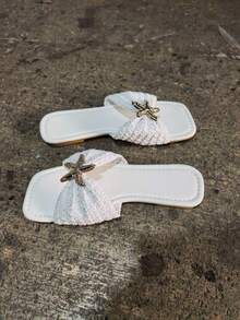 WRCVS 白色女款刺繡梭織平底拖鞋，金屬扣飾波希米亞風派對度假涼鞋，五星圖案戶外鞋 - 白色 - 查看 3