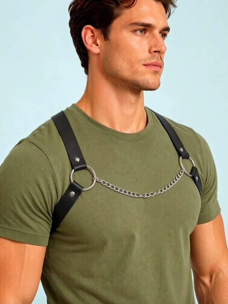 Men Punk Metal Chain Harness Adjustable PU Leather Chest Strap Body Bondage Top Y2K Streetwear Rave Festival Outfit Belt Exotic Accessory - Black - View 1