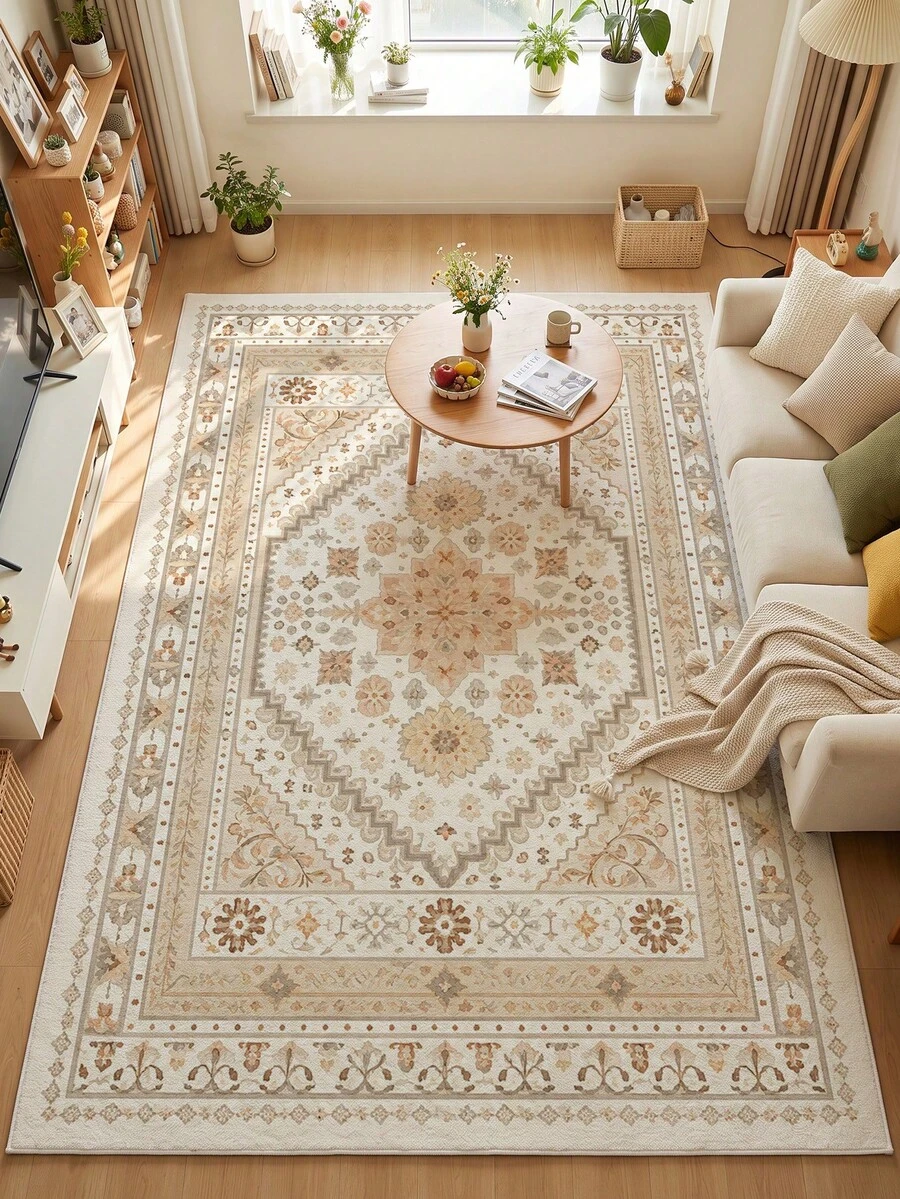 1pc Champagne Bohemian Floral Living Room Rug, Suitable For Kitchen, Dining Room, Bedroom Holiday Decor, Indoor/Outdoor, Office Non-Slip Doormat, Bathroom Rug, Hallway, Study Gaming Area Carpet - Champagne - View 1