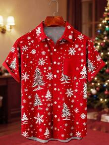 Christmas Holiday Print Round Ball Pattern Plus Size Men's Short Sleeve Shirt - Red - View 1