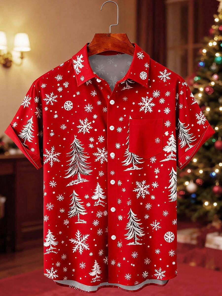 Christmas Holiday Print Round Ball Pattern Plus Size Men's Short Sleeve Shirt - Red - View 1