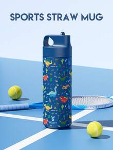 Meoky 19oz Blue Dinosaur Cartoon Print Stainless Steel Water Bottle With Loop Lid, Portable - Blue Dinosaur - View 2