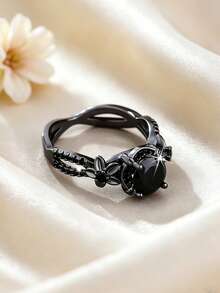 1pc Elegant Fashion Round Cubic Zirconia Ring, Floral Design, Perfect Ideal Holiday Jewelry Gift - Gun Black - View 2