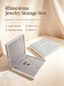 1pc Sparkling Rhinestone Jewelry Storage Box, Large Capacity Soft Grey Lining Jewelry Organizer Gift Box, Suitable For Necklaces, Earrings, Rings - White - View 2