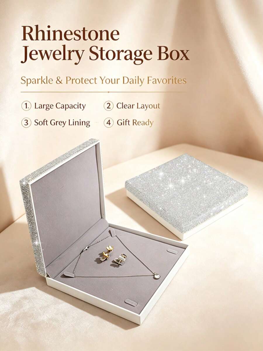 1pc Sparkling Rhinestone Jewelry Storage Box, Large Capacity Soft Grey Lining Jewelry Organizer Gift Box, Suitable For Necklaces, Earrings, Rings