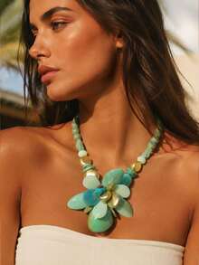 Turquoise‑Green Beaded Statement Choker, Large Flower Pendant Necklace With Gold Accent, Boho Bold Collar Jewelry For Women Vacation Party Daily Wear - Multicolor - View 4