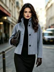 Fashion Light Blue Women's Long Sleeve Stand Collar Regular Fit Coat, Button Detail, Woven Fabric, Winter Style - Dusty Blue - View 3