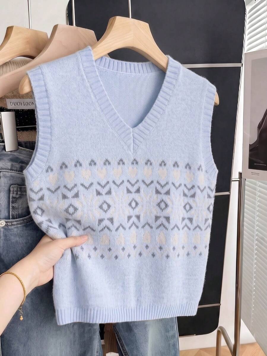 Women's Spring/Autumn Elegant Patterned Jacquard Knit Sweater Vest, Sleeveless V-Neck Casual Versatile Commute Pullover College Style Top Fall - Baby Blue - View 1