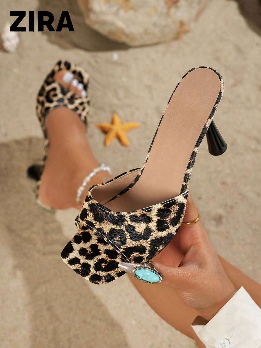 Zapatos Mule de Punta Abierta con Estampado de Leopardo Zira, que irradian elegancia sexy - estampado de leopardo marrón - Ver 1