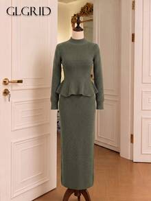 Autumn/Winter New Semi-High Neck Waist-Cinching Ruffle Hem Knit Top + Bodycon Long Skirt Vintage Slimming Two Pieces Set, Convenient Outfit With Fall - Olive Green - View 11