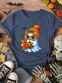 Hobby Halloween Plus Size Short Sleeve, Orange BOO Hat Sunglasses Ghost Mi,Clothes T Shirts ForMen And Women Tops,Date Travel Outfit,Casual Daily Wear - Royal Blue - View 1