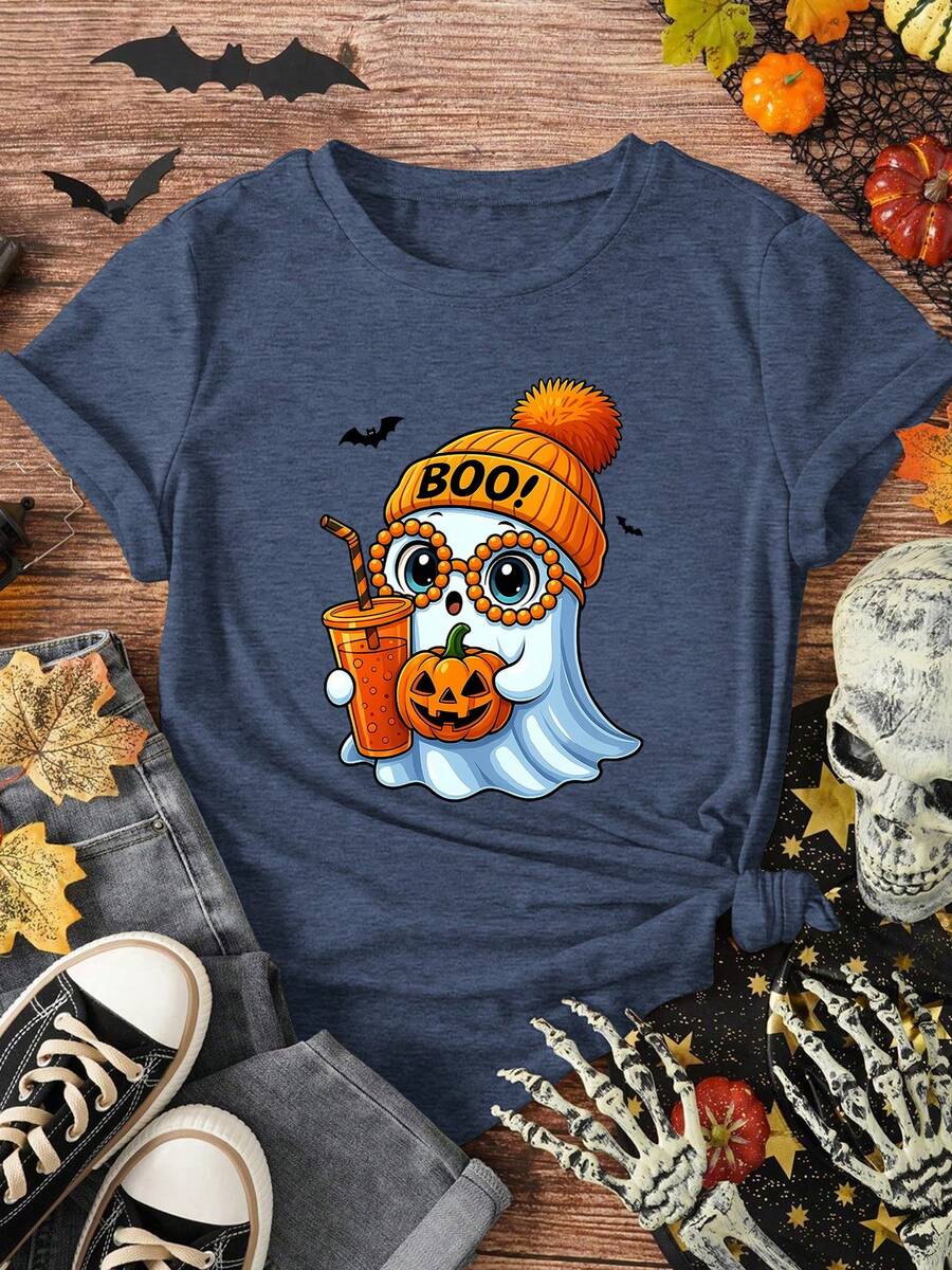 Hobby Halloween Plus Size Short Sleeve, Orange BOO Hat Sunglasses Ghost Mi,Clothes T Shirts ForMen And Women Tops,Date Travel Outfit,Casual Daily Wear - Royal Blue - View 1