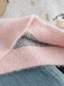 Girls' Sweet & Cute Round Neck Long Sleeve Sweater, Rabbit Jacquard Faux Mink Fur Pullover, Casual Versatile Knit Top For Daily Wear, School, Spring, Autumn, Winter - Pink - View 5