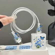 3 Stücke wunderschöner lila Blumenstrauß mit fliegendem Schmetterling Datenkabel-Schutz, kompatibel mit iPhone 20W/18W Ladegerät - Verschiedenfarbig - Übersicht 2