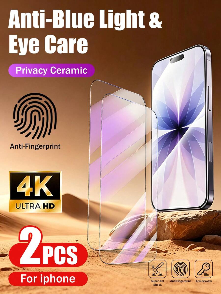 2pcs Anti-Blue Light Tempered Glass Screen Protector, Compatible With Phone 18 Pro Max/Phone 18 Pro/Phone 17 Pro Max, Also Compatible With Phone 17E/17P Pro/16/16 Plus/15 Pro/15/14/13/12/11/XR/XS, Full Coverage | Eye Protection | Anti-Fingerprint | Compatible With Phone Cases - Clear - View 1