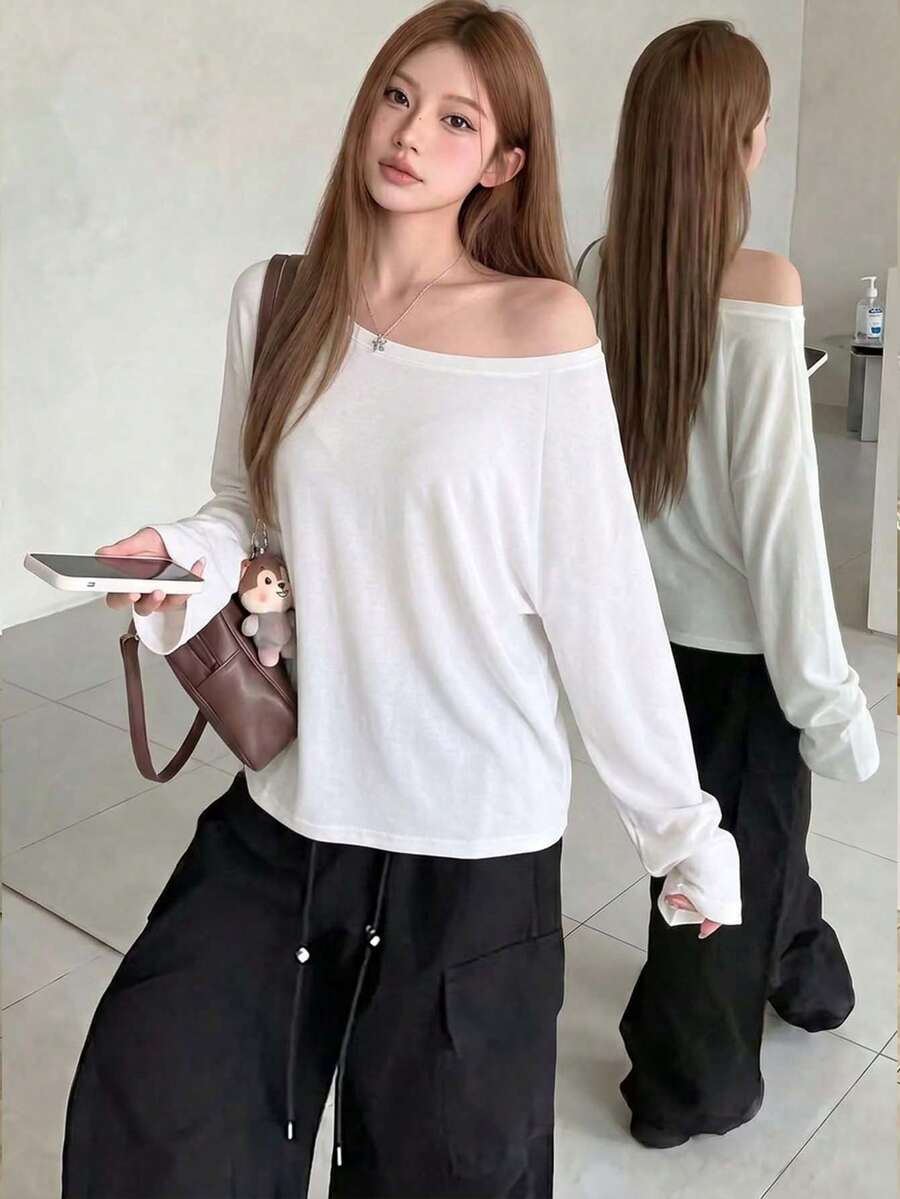 女款白色純色極簡慵懶居家百搭露肩直領浪漫海灘街頭Y2K辣妹上衣T恤 - 白色 - 查看 1