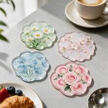 1/4PCS Watercolor Floral Acrylic Coasters, Asymmetrical Flower Transparent Heat-Resistant Coasters. Cherry Blossom, Forget-Me-Not, Rose Pattern Waterproof Tea Cup Coasters, Ins New Style Coasters, Heat-Resistant Coaster Set, Protect Tabletop From Hot Drinks, Cups And Plates Contamination - , Suitable For Office, Restaurant, Cafe - Multicolor - View 9