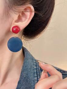 1 Pair Vintage Hong Kong Style Red & Blue Color Block Geometric Resin Earrings, Suitable For Women's Party And Gathering - Blue - View 2