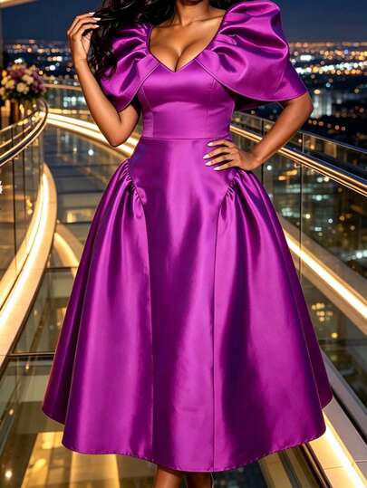 AOMEI Elegant Charming Women's Purple Satin A-Line Long Dress, Deep V-Neck, Ruched Puff Short Sleeves, Wedding Guest Ball Party Evening Gown