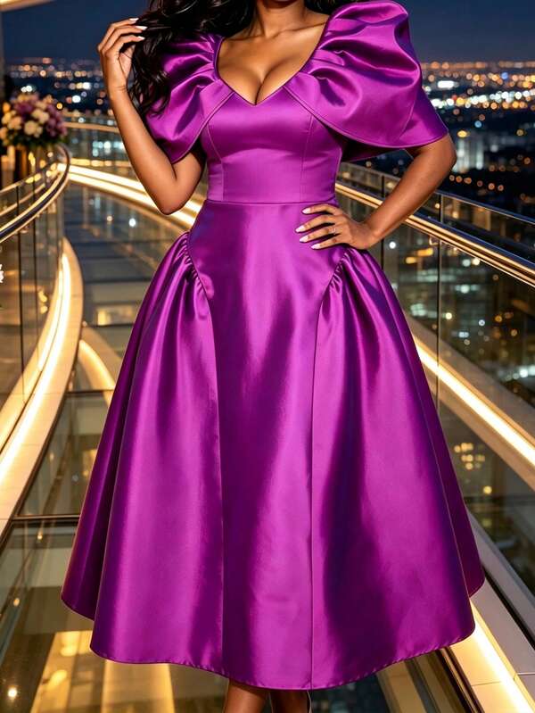 AOMEI Elegant Charming Women's Purple Satin A-Line Long Dress, Deep V-Neck, Ruched Puff Short Sleeves, Wedding Guest Ball Party Evening Gown