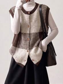 Women's Autumn/Winter Minimalist Casual Color Block Design Round Neck Sweater Cardigan Vest Fall - Rice Palm - View 4