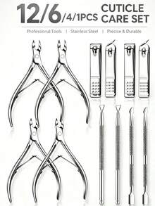 PYDESA 12/6/4/1pc Professional Cuticle Care Set, Stainless Steel Nail Clipper, Pliers, Pusher, Trimmer Set, Manicure Pedicure Tools For Removing Dead Skin And Calluses, Home Salon Nail Care Tools - Silver - View 1