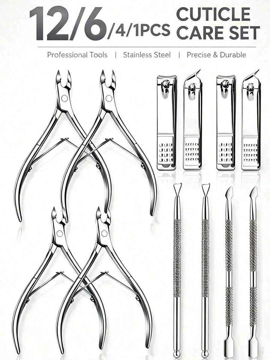 PYDESA 12/6/4/1pc Professional Cuticle Care Set, Stainless Steel Nail Clipper, Pliers, Pusher, Trimmer Set, Manicure Pedicure Tools For Removing Dead Skin And Calluses, Home Salon Nail Care Tools - Silver - View 1