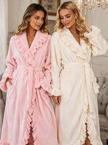 1pc Women Super Soft Ruffle Hem Ankle Length Thick Fleece Robe, Ruffle Hem Fashion Robe With Side Pockets, Warm Long Bathrobe, Plush SPA Robe, Loungewear - Multicolor - View 9