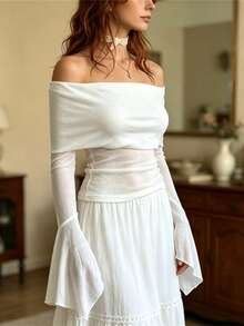 Women's Off The Shoulder Tops Long Flared Sleeve Solid Color Slim Fit Shirt - White - View 4