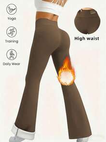 Women's Casual Versatile Stretch High-Waist Flared Fleece Lined Pants, Elastic Waist, Black, Winter Sports - Brown - View 5