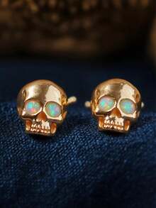 1 Pair Glossy Skull Stud Earrings, Gothic Cool Hip-Hop Style, Unisex Skull Bone Cartilage Earrings, Versatile For Halloween And Daily Wear - Gold - View 3