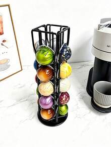 Rotatable Coffee Capsule Storage Rack, Black Metal Coffee Pod Holder, Rust‑Proof Coffee Capsule Organizer, Practical Accessory For Home Kitchen Coffee Bar, Holds Multiple Types Of Coffee Pods, Perfect For Daily Coffee Preparation - Black - View 9