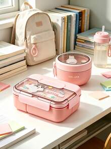 SEAL LOCK Cute Cartoon Animal Print Bento Box, 3-Compartment Leak-Proof Food Container, Reusable With Built-In Utensils, Microwave , Portable Lunch Box For Office, School And Outdoor Picnic Fresh Food Storage - Multicolor - View 5