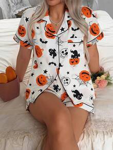2pcs Women's Halloween Pumpkin & Bat Short Sleeve Collared Top And Bow Shorts Pajama Set - Apricot - View 1