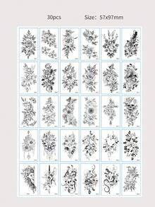 30pcs Black Sketch Waterproof Tattoo Stickers, Flower,Flower Snake Small Patterns Temporary Tattoo Stickers For Woman And Men Hands, Body Decor - Black - View 12