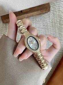 1件裝女款優雅金色手鍊腕錶，小巧耐用時尚方型螢幕，迷人送禮首選，適合日常配戴 - 金色 - 查看 3