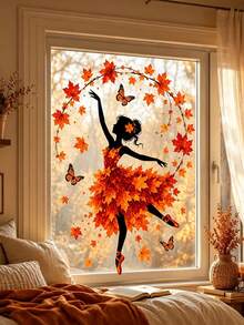 Autumn Leaf Dancer Silhouette Window Decal, Glue-Free PVC Static Cling, Creative Aesthetic Maple Leaf & Butterfly Glass Sticker, Autumn Atmosphere Art Window Sticker - Multicolor - View 3
