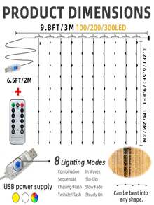 1pc Copper Wire Curtain Lights, 300 LED Fairy Curtain Lights, 8 Lighting Modes, With Remote Control, Suitable For Halloween/Christmas Decoration, Wedding Decoration, Party Decoration, Room Decoration And Home Decoration - Curtain String Lights - View 4