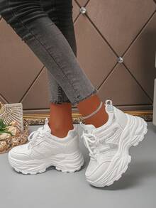 Women's Wedge Platform Sneakers, Fashionable Versatile Rhinestone Decor Lace-Up Casual Chunky Sneakers, Height-Increasing Women's Shoes - White - View 5