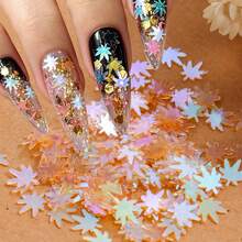 Laser Holographic Iridescent Maple Leaf Nail Sequins, Autumn Maple Leaf Nail Glitter Flakes, Colorful Fall Leaf Confetti Nail Art Decorations, Thanksgiving Autumn Theme Nail Charms DIY Manicure Supplies For Nail Salon & Beginners - Multicolor - View 3