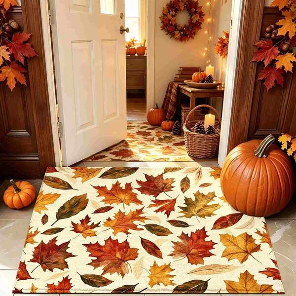 1pc Autumn Series Autumn Leaf Watercolor Print Faux Cashmere Surface TPR Bottom Doormat, Bathroom Mat, Kitchen Mat, Laundry Room Mat, Holiday Atmosphere Decor, Home Decor, Party Decor, Wedding Decor, Dining Room Decor