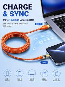 Kabel Pengisian Cepat USB A ke USB C 120W, Kabel Pengisi Daya Tipe C dengan Transfer Data 480Mbps, Kabel Data USB-C Jalinan Nilon untuk Ponsel, Tablet, dan Power Bank - Jeruk - View 3