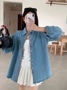 Korean Style Lazy Colorful Button Denim Shacket Women Early Autumn Niche Elegant Lapel Long Sleeve Top - Blue - View 9