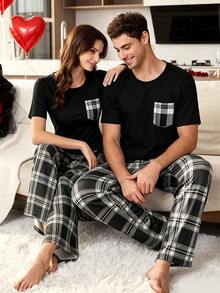 Conjunto de Pijama Unisex 2 Piezas, Camiseta de Manga Corta con Bolsillo y Pantalón Largo Estampado a Cuadros, Ropa de Dormir Casual para Hombre y Mujer - Negro - Ver 5